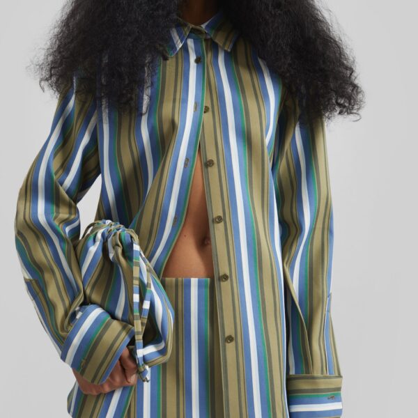 The Frankie Shop Oana Cotton Padded Shirt - Green Multi Stripe - Oversized Minimalist Tops in Multicolour - Shop at Coveti