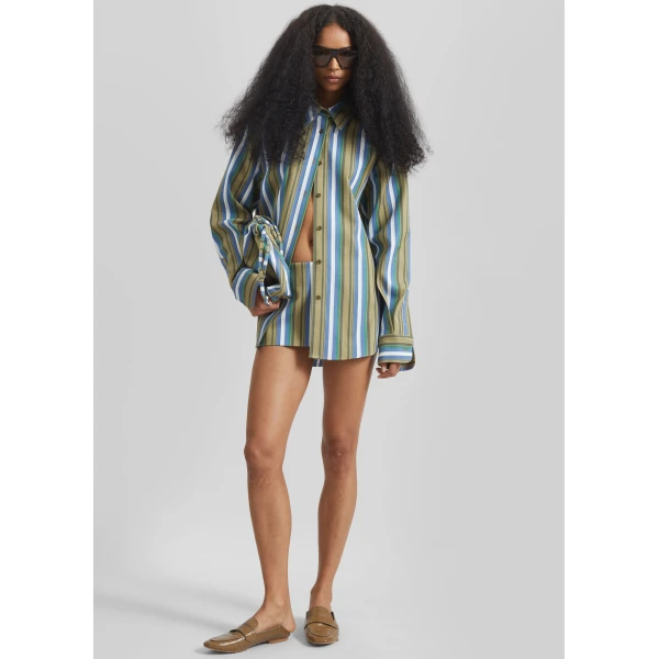 The Frankie Shop Oana Cotton Padded Shirt – Green Multi Stripe, view 3