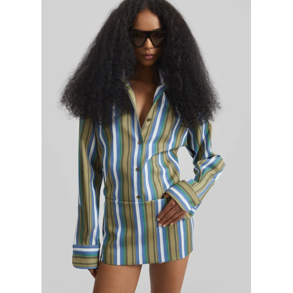 The Frankie Shop Oana Cotton Padded Shirt – Green Multi Stripe, view 4