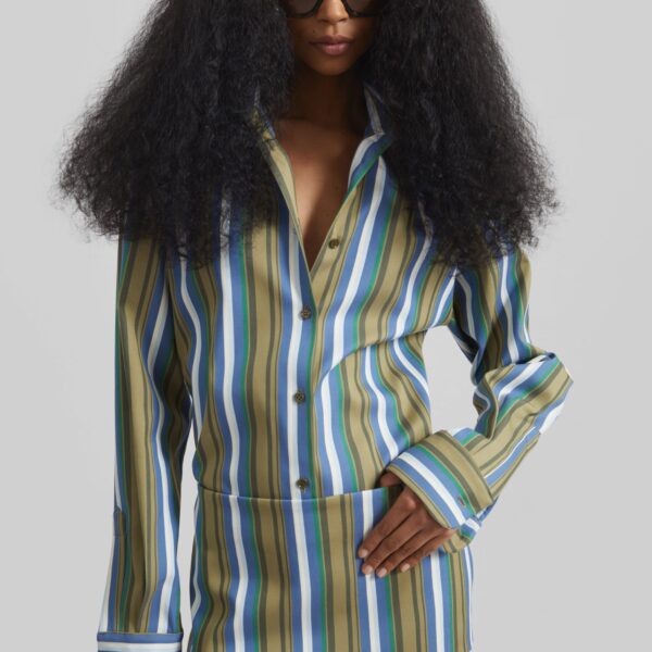 The Frankie Shop Oana Cotton Padded Shirt - Green Multi Stripe - Oversized Minimalist Tops in Multicolour - Shop at Coveti