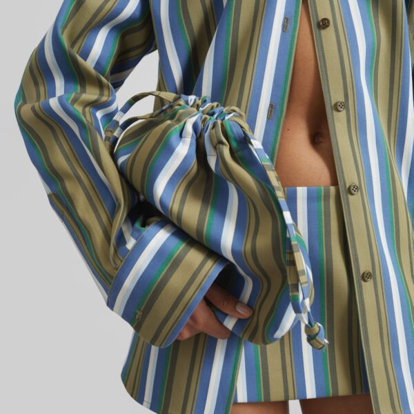 The Frankie Shop Oana Cotton Padded Shirt - Green Multi Stripe - Oversized Minimalist Tops in Multicolour - Shop at Coveti