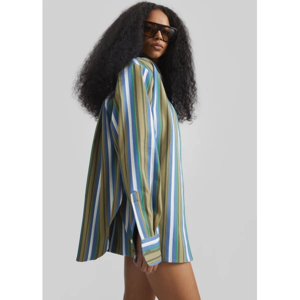The Frankie Shop Oana Cotton Padded Shirt – Green Multi Stripe, view 6