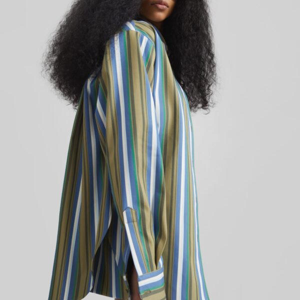 The Frankie Shop Oana Cotton Padded Shirt - Green Multi Stripe - Oversized Minimalist Tops in Multicolour - Shop at Coveti