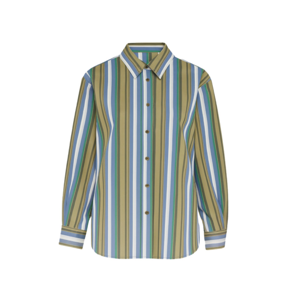 The Frankie Shop Oana Cotton Padded Shirt - Green Multi Stripe - Oversized Minimalist Tops in Multicolour - Shop at Coveti