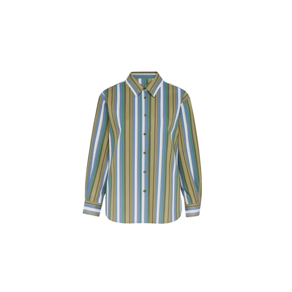 The Frankie Shop Oana Cotton Padded Shirt - Green Multi Stripe - Oversized Minimalist Tops in Multicolour - Shop at Coveti
