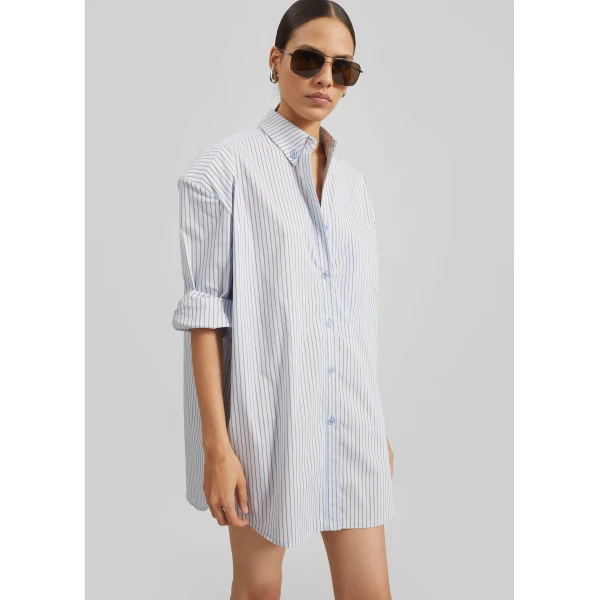 The Frankie Shop Oana Cotton Padded Shirt – Light Blue/Brown Stripe, view 2