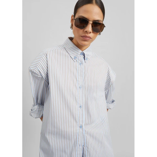 The Frankie Shop Oana Cotton Padded Shirt – Light Blue/Brown Stripe, view 3