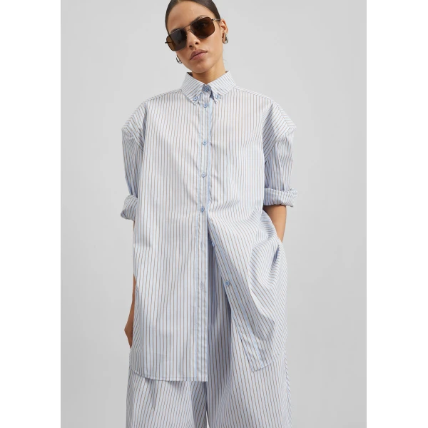 The Frankie Shop Oana Cotton Padded Shirt – Light Blue/Brown Stripe, view 4