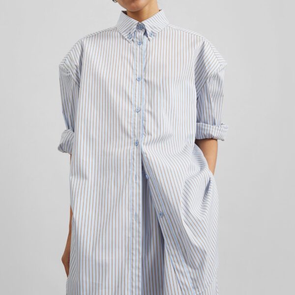 The Frankie Shop Oana Cotton Padded Shirt - Light Blue/Brown Stripe - Oversized Minimalist Tops in Multicolour - Shop at Coveti