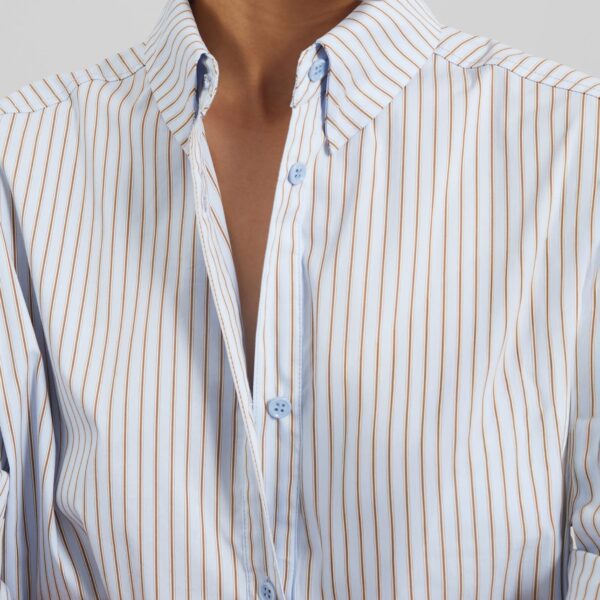 The Frankie Shop Oana Cotton Padded Shirt - Light Blue/Brown Stripe - Oversized Minimalist Tops in Multicolour - Shop at Coveti