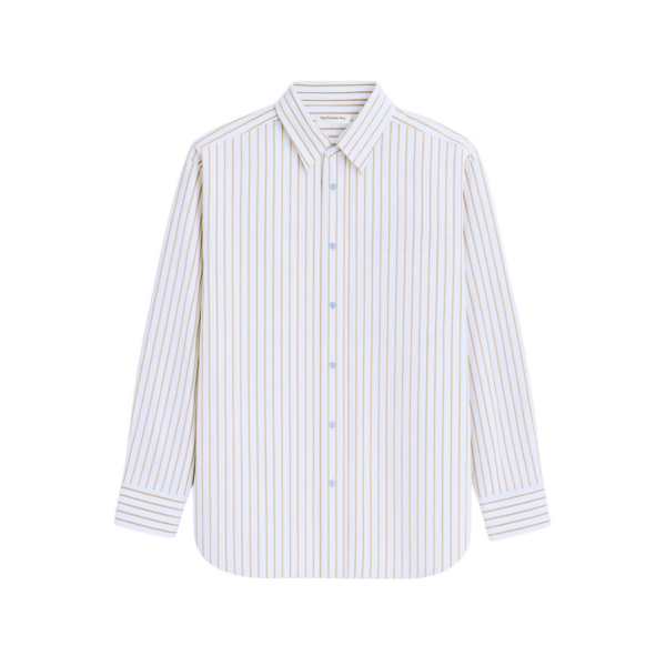 The Frankie Shop Oana Cotton Padded Shirt - Light Blue/Brown Stripe - Oversized Minimalist Tops in Multicolour - Shop at Coveti