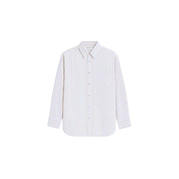 The Frankie Shop Oana Cotton Padded Shirt - Light Blue/Brown Stripe - Oversized Minimalist Tops in Multicolour - Shop at Coveti