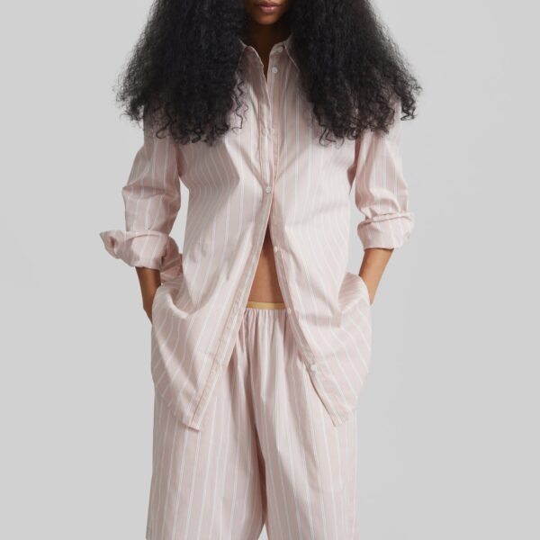 The Frankie Shop Oana Cotton Padded Shirt - Pink/White Stripes - Oversized Minimalist Tops in Multicolour - Shop at Coveti