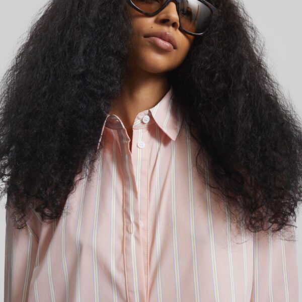 The Frankie Shop Oana Cotton Padded Shirt - Pink/White Stripes - Oversized Minimalist Tops in Multicolour - Shop at Coveti