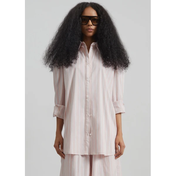 The Frankie Shop Oana Cotton Padded Shirt – Pink/White Stripes, view 5