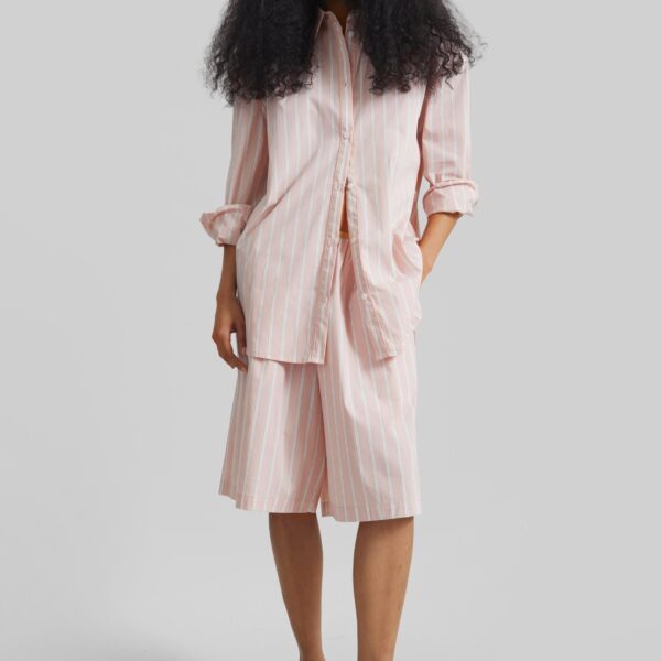 The Frankie Shop Oana Cotton Padded Shirt - Pink/White Stripes - Oversized Minimalist Tops in Multicolour - Shop at Coveti