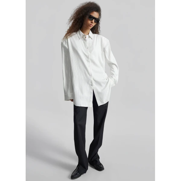 The Frankie Shop Oana Fluid Button-Up Shirt – White/Black Stripe, view 3