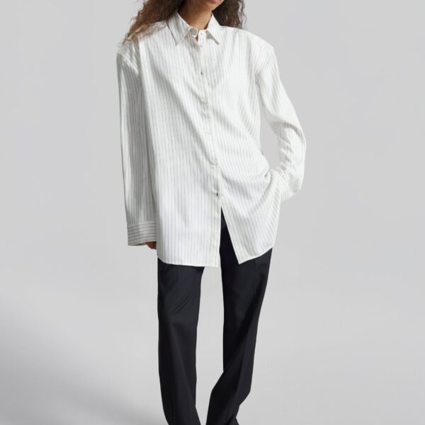 The Frankie Shop Oana Fluid Button-Up Shirt - White/Black Stripe - Oversized Minimalist Tops in Multicolour - Shop at Coveti