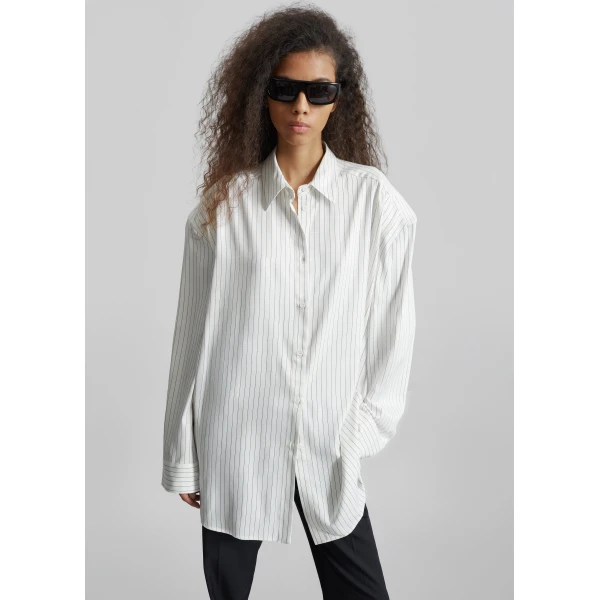 The Frankie Shop Oana Fluid Button-Up Shirt – White/Black Stripe, view 4