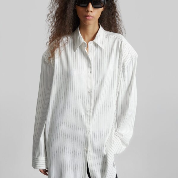 The Frankie Shop Oana Fluid Button-Up Shirt - White/Black Stripe - Oversized Minimalist Tops in Multicolour - Shop at Coveti
