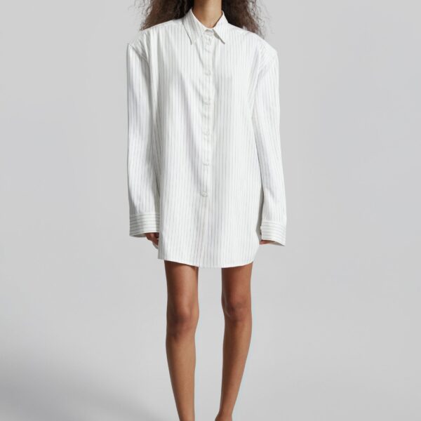 The Frankie Shop Oana Fluid Button-Up Shirt - White/Black Stripe - Oversized Minimalist Tops in Multicolour - Shop at Coveti