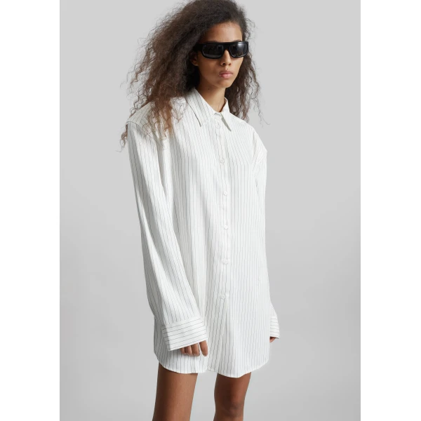 The Frankie Shop Oana Fluid Button-Up Shirt – White/Black Stripe, view 6