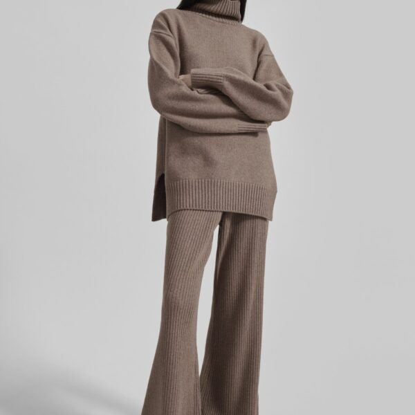 The Frankie Shop Odense Ribbed Flared Pants - Brown - Oversized Minimalist Pants in Beige - Shop at Coveti