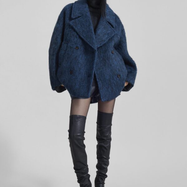 The Frankie Shop Odeone Brushed Wool Peacoat - Navy Melange - Oversized Minimalist Coats in Blue - Shop at Coveti