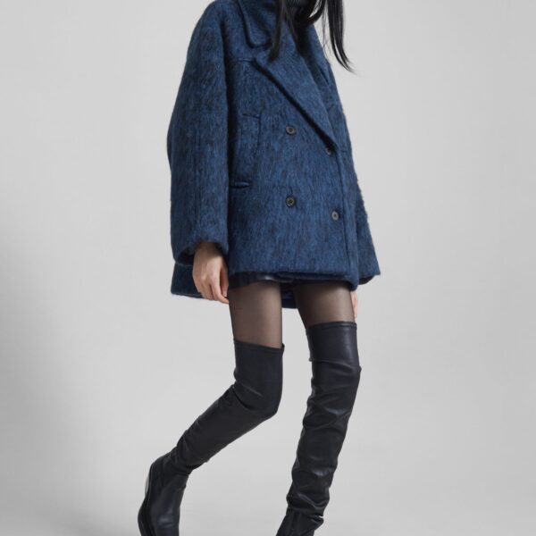 The Frankie Shop Odeone Brushed Wool Peacoat - Navy Melange - Oversized Minimalist Coats in Blue - Shop at Coveti