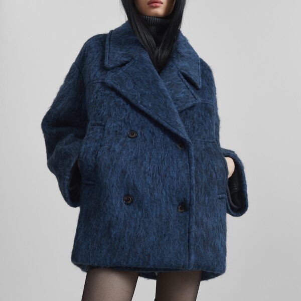 The Frankie Shop Odeone Brushed Wool Peacoat - Navy Melange - Oversized Minimalist Coats in Blue - Shop at Coveti