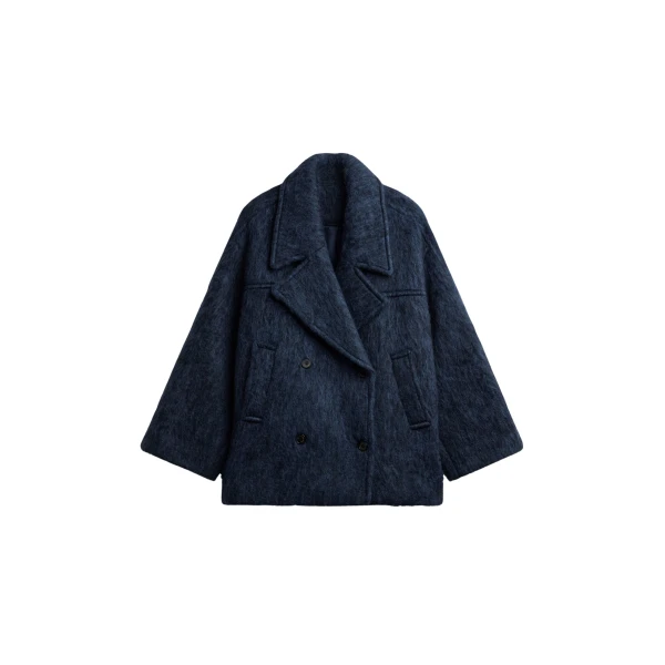 The Frankie Shop Odeone Brushed Wool Peacoat - Navy Melange - Oversized Minimalist Coats in Blue - Shop at Coveti