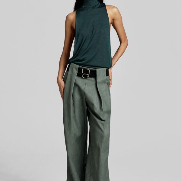 The Frankie Shop Olivet Faux Leather Trousers - Moss Green - Oversized Minimalist Pants in Green - Shop at Coveti