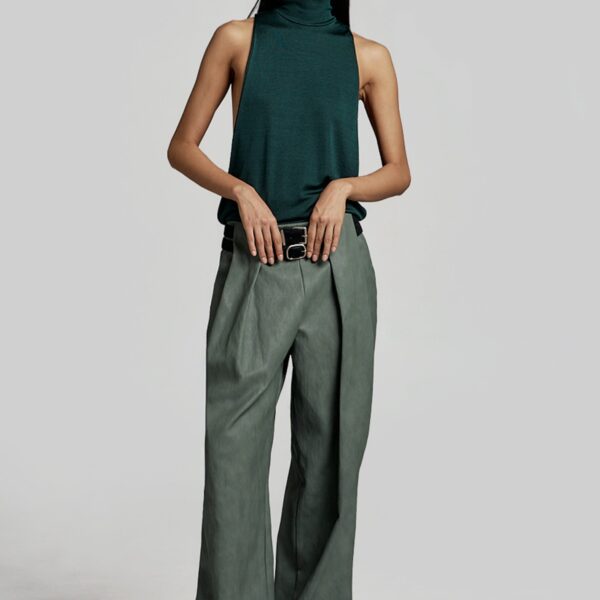 The Frankie Shop Olivet Faux Leather Trousers - Moss Green - Oversized Minimalist Pants in Green - Shop at Coveti