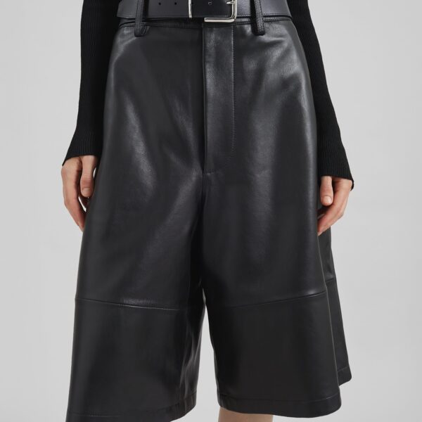 The Frankie Shop Olivia Leather Bermuda Shorts - Black - Oversized Minimalist Shorts in Black - Shop at Coveti