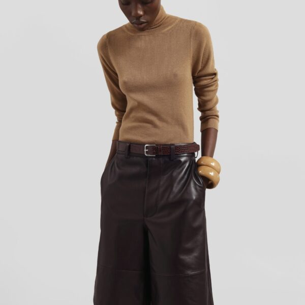 The Frankie Shop Olivia Leather Bermuda Shorts - Dark Brown - Oversized Minimalist Shorts in Beige - Shop at Coveti