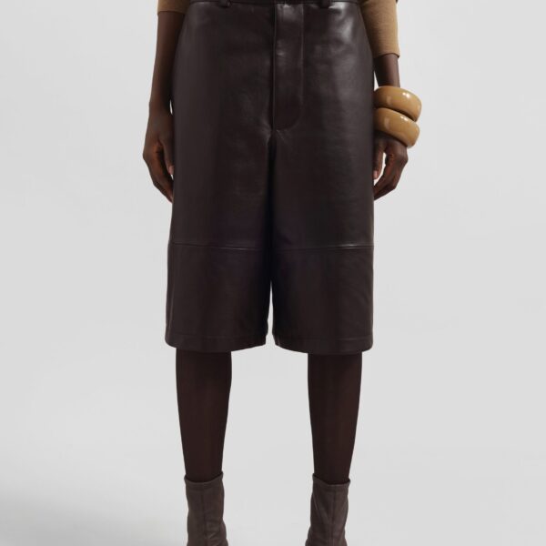 The Frankie Shop Olivia Leather Bermuda Shorts - Dark Brown - Oversized Minimalist Shorts in Beige - Shop at Coveti