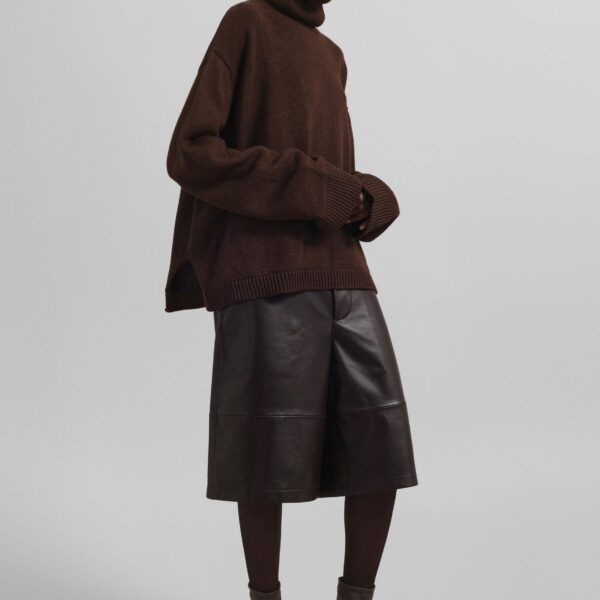 The Frankie Shop Olivia Leather Bermuda Shorts - Dark Brown - Oversized Minimalist Shorts in Beige - Shop at Coveti
