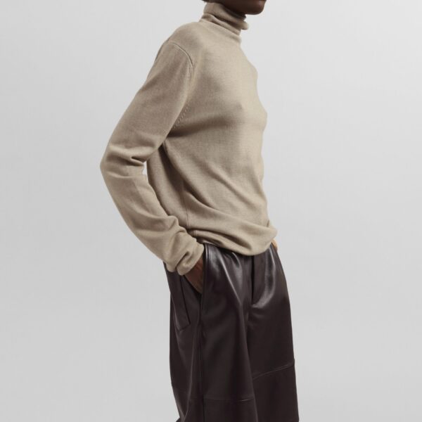 The Frankie Shop Olivia Leather Bermuda Shorts - Dark Brown - Oversized Minimalist Shorts in Beige - Shop at Coveti
