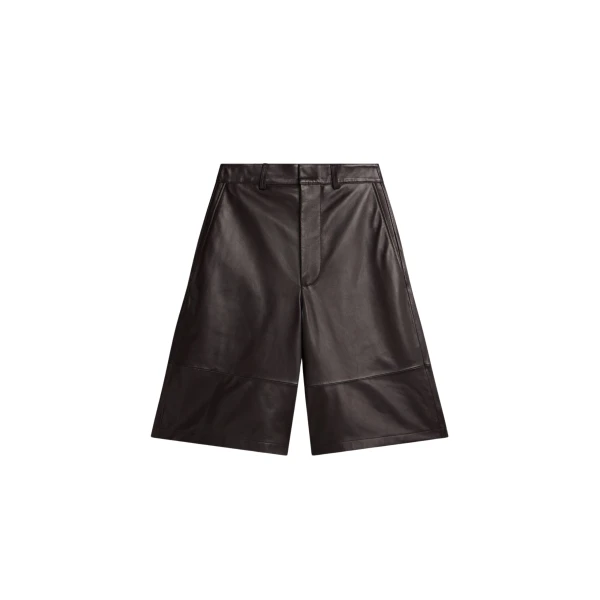 The Frankie Shop Olivia Leather Bermuda Shorts - Dark Brown - Oversized Minimalist Shorts in Beige - Shop at Coveti