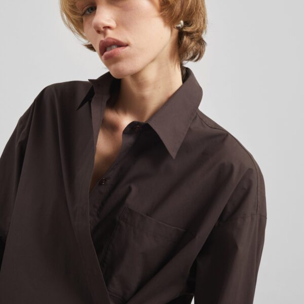 The Frankie Shop Ornella Side Button-Up Shirt - Brown - Oversized Minimalist Tops in Beige - Shop at Coveti