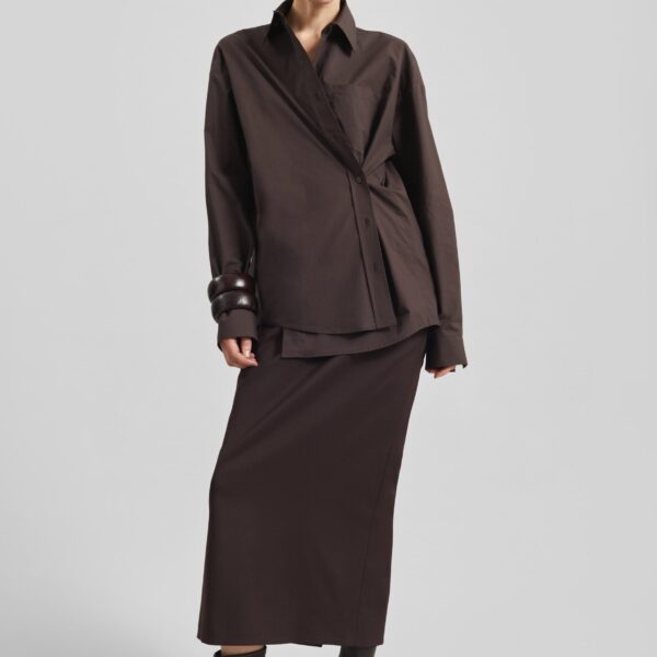 The Frankie Shop Ornella Side Button-Up Shirt - Brown - Oversized Minimalist Tops in Beige - Shop at Coveti