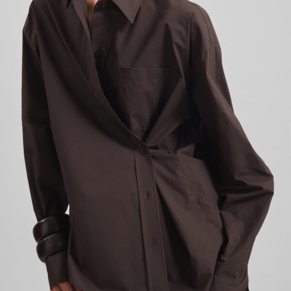 The Frankie Shop Ornella Side Button-Up Shirt - Brown - Oversized Minimalist Tops in Beige - Shop at Coveti