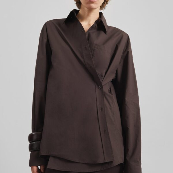 The Frankie Shop Ornella Side Button-Up Shirt - Brown - Oversized Minimalist Tops in Beige - Shop at Coveti