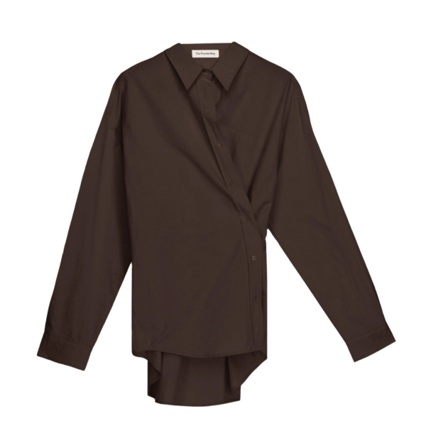 The Frankie Shop Ornella Side Button-Up Shirt - Brown - Oversized Minimalist Tops in Beige - Shop at Coveti