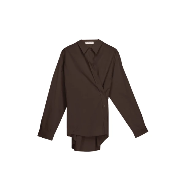 The Frankie Shop Ornella Side Button-Up Shirt - Brown - Oversized Minimalist Tops in Beige - Shop at Coveti