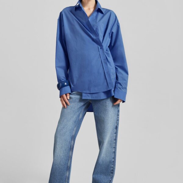 The Frankie Shop Ornella Side Button-Up Shirt - Cobalt - Oversized Minimalist Tops in Blue - Shop at Coveti