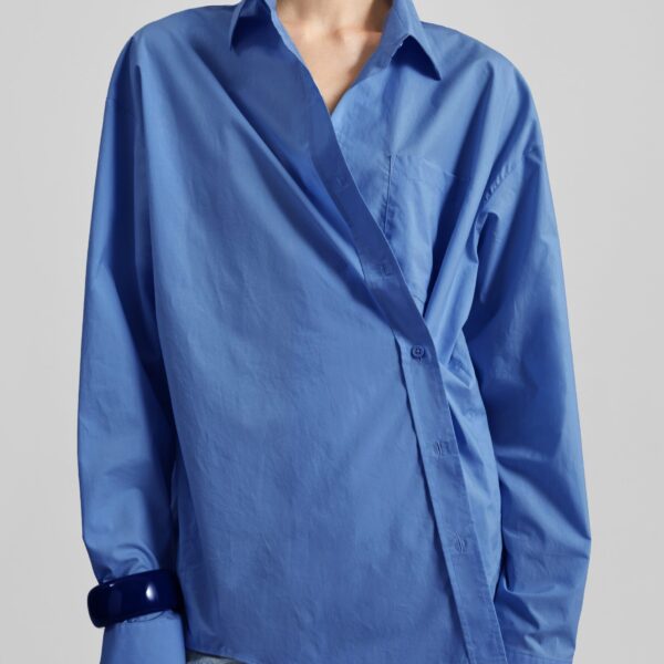 The Frankie Shop Ornella Side Button-Up Shirt - Cobalt - Oversized Minimalist Tops in Blue - Shop at Coveti