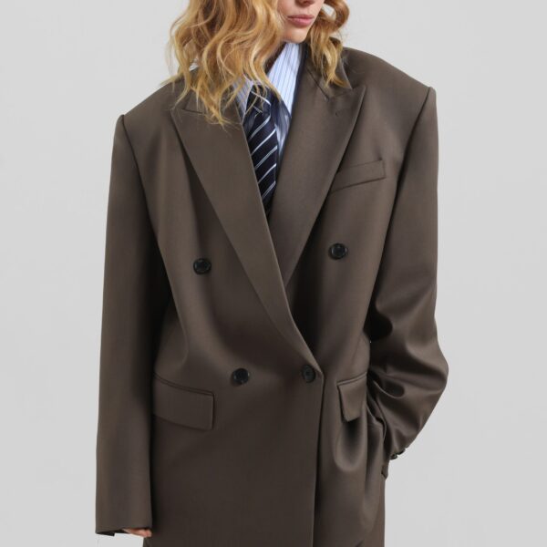 The Frankie Shop Pallen Double Breasted Blazer - Brown - Oversized Minimalist Jackets in Beige - Shop at Coveti