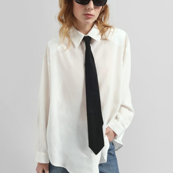 The Frankie Shop Patti Neck Tie Shirt - White - Oversized Minimalist Tops in White - Shop at Coveti