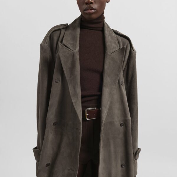 The Frankie Shop Pembroke Faux Suede Trench - Mousse - Oversized Minimalist Coats in Beige - Shop at Coveti